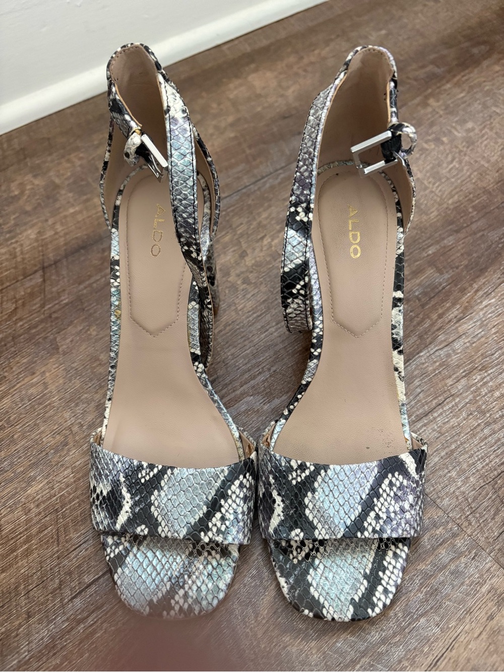 ALDO Snake-Print Ankle Strap Heels in Black, White, Cream